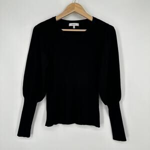 MILLY Ribbed Balloon Sleeve Sweater Crew Neck Long Sleeve Rib Knit, Black
